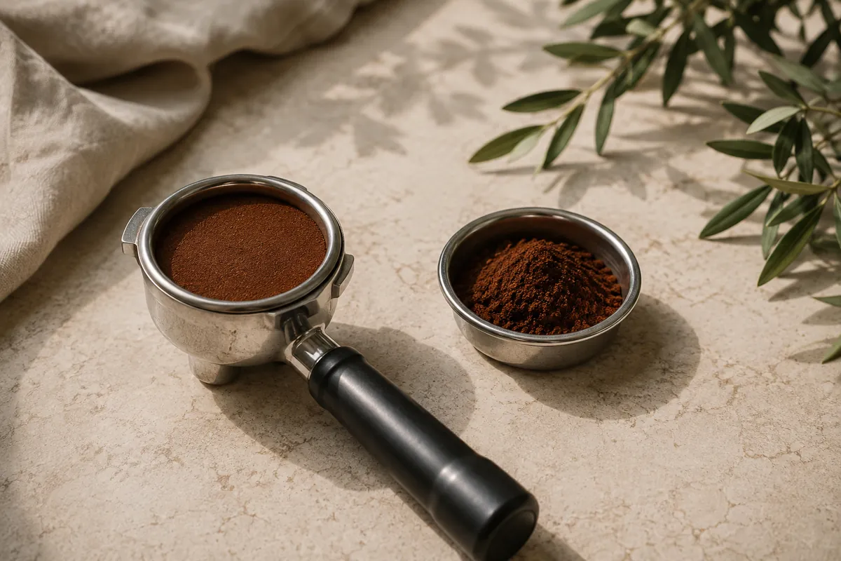 A portafilter with a level tamped bed of fine grounds lying beside an open stovetop basket filled loosely and struck flat