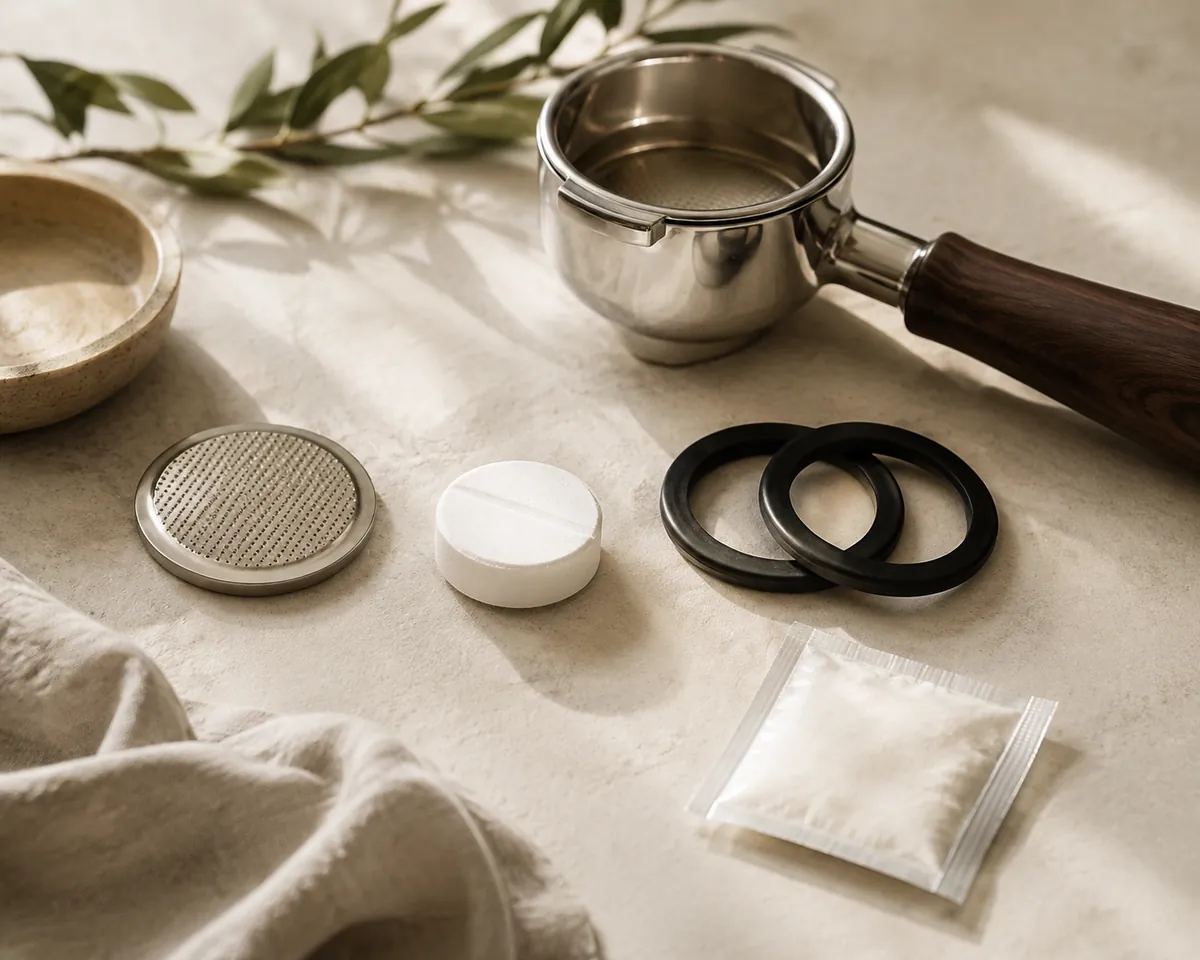 A backflush disc, a cleaning tablet and a descaling sachet laid beside a portafilter, with two spare rubber gaskets nearby