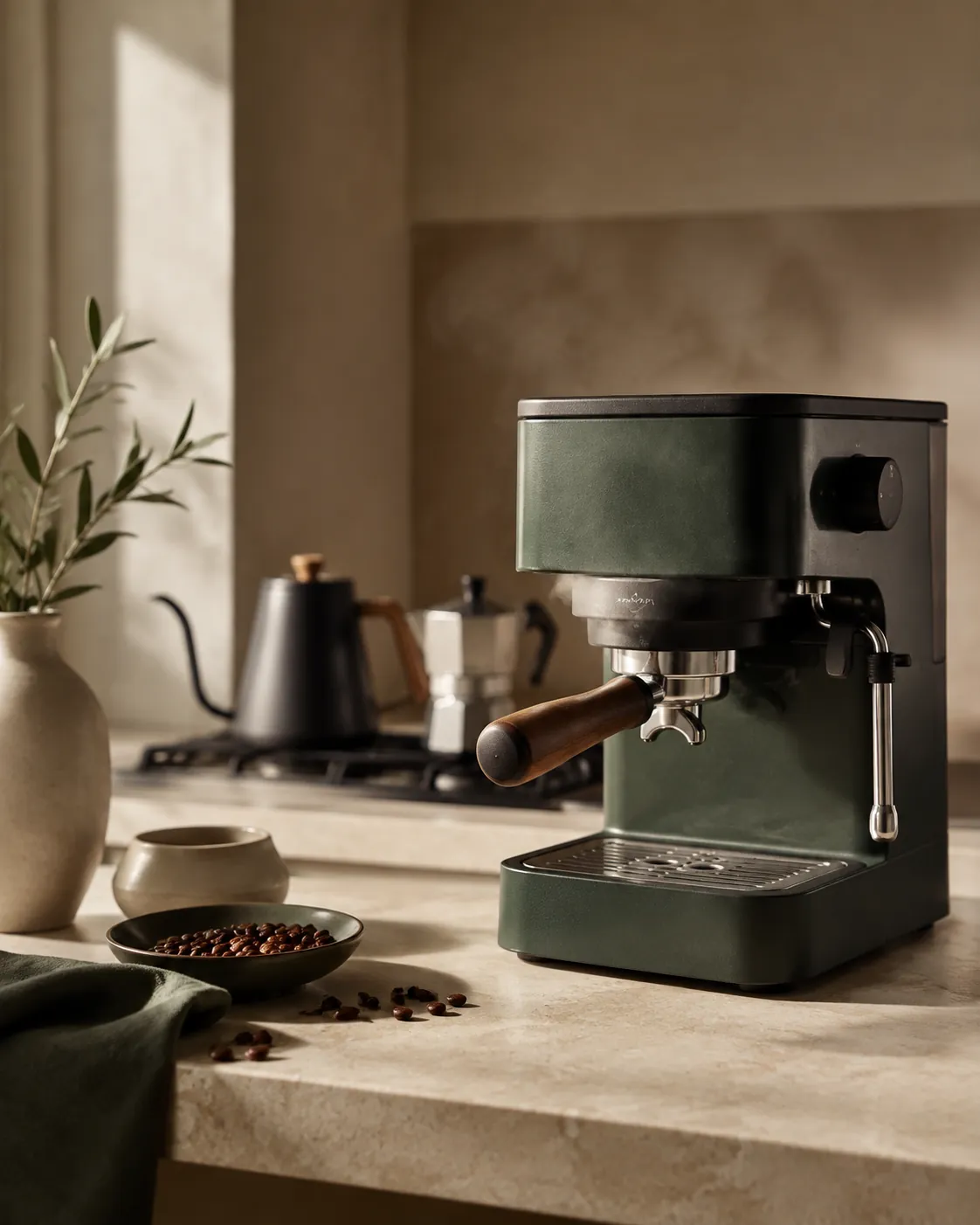 An espresso machine standing idle with faint steam at the group head, a kettle and a small stovetop pot on the hob behind it