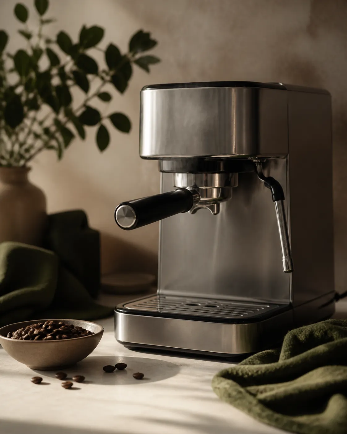 An espresso machine standing idle with its group head steaming faintly during warm-up