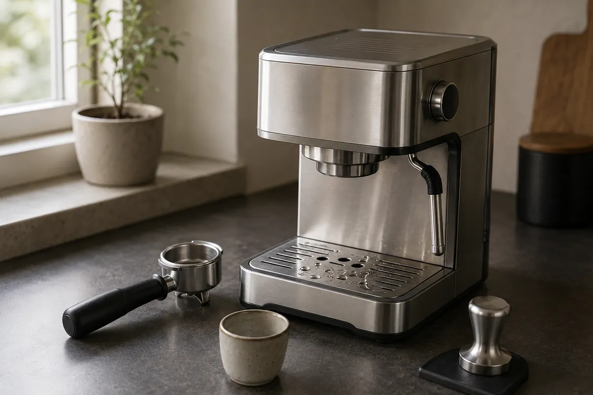 A domestic espresso machine on a counter with a portafilter and a small cup
