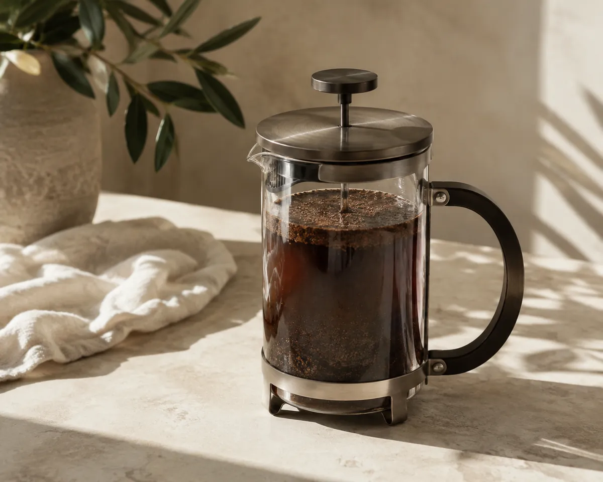 A glass French press on a fridge shelf, coarse dark grounds suspended through cold water with the plunger resting unpressed on top