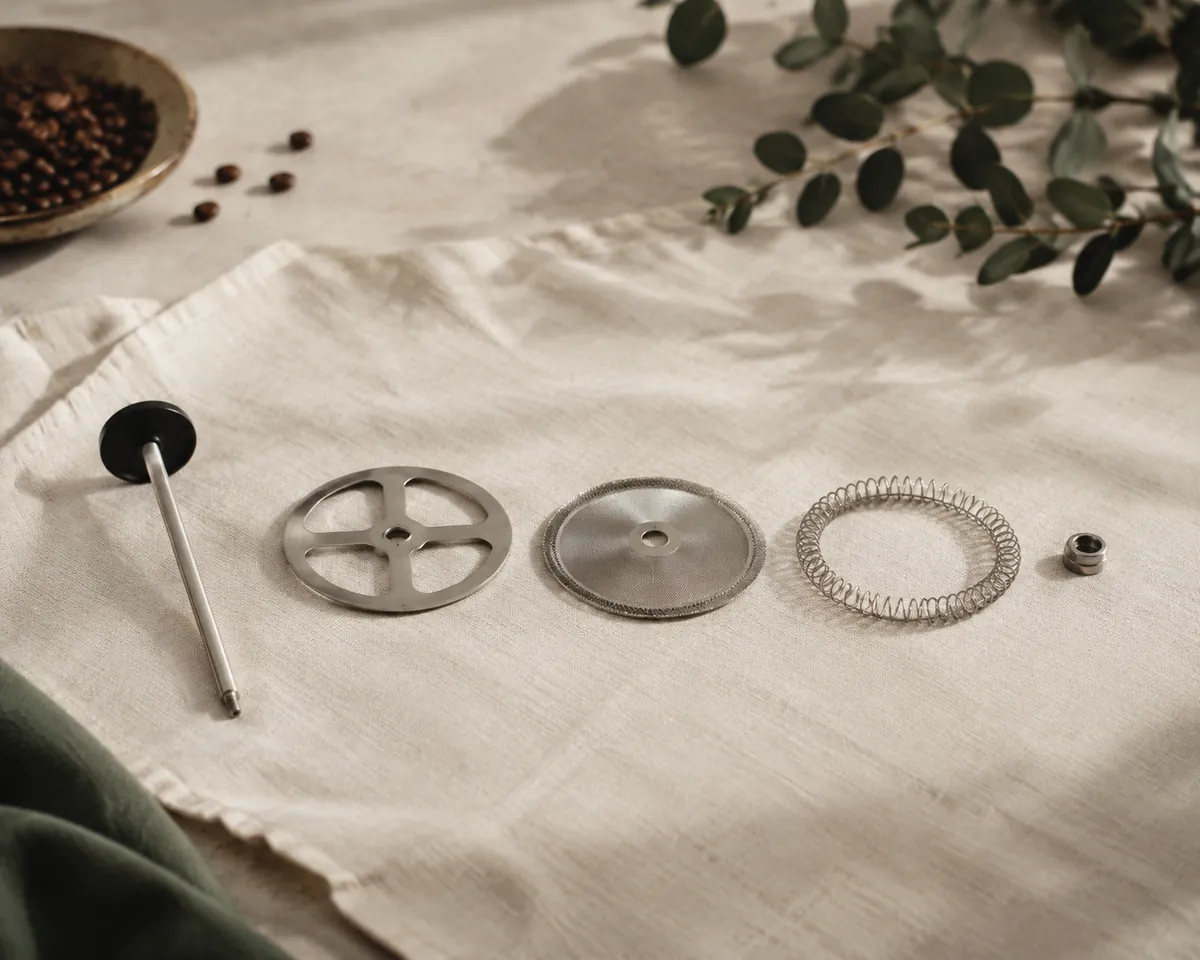 A French press plunger dismantled into its rod, plates, mesh and spiral laid out in order