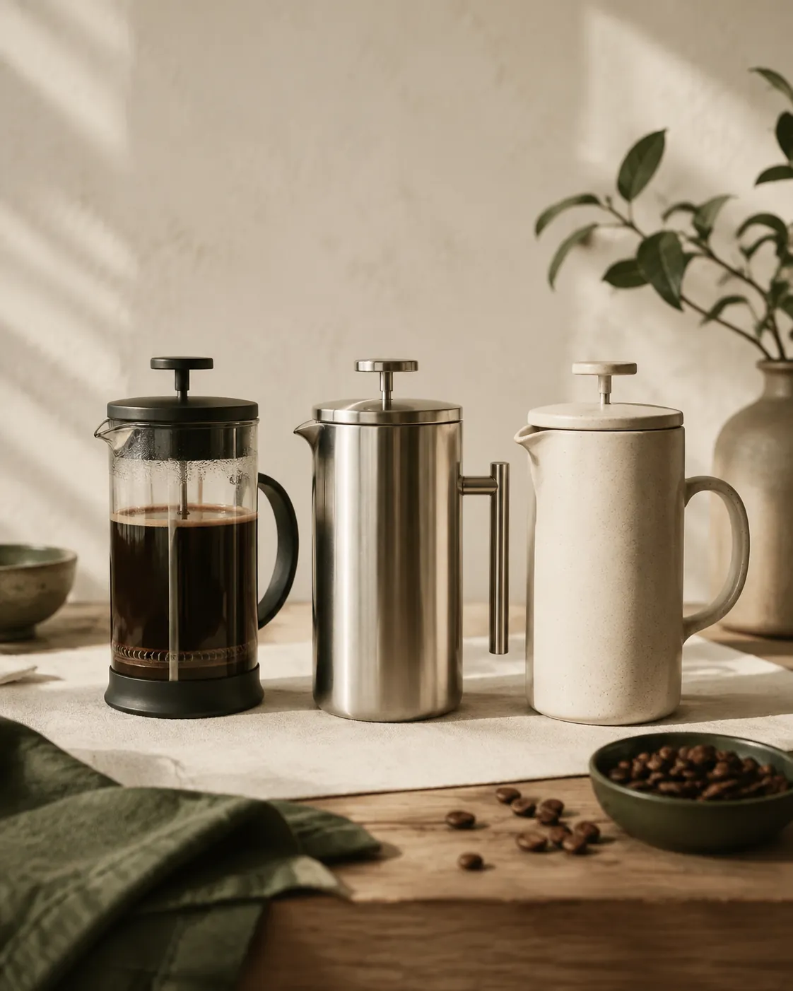 A glass French press beside a steel one and a ceramic one, all the same size