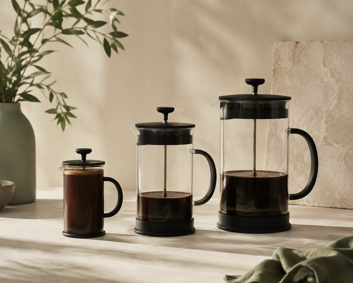 Three French presses of increasing size, the smallest full and the largest half empty