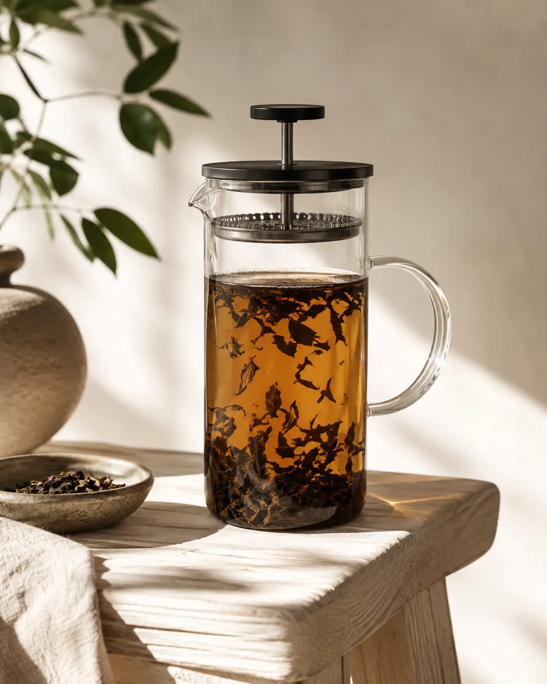 A glass French press full of amber tea with whole dark leaves fully opened and drifting through it, the plunger raised clear of the surface
