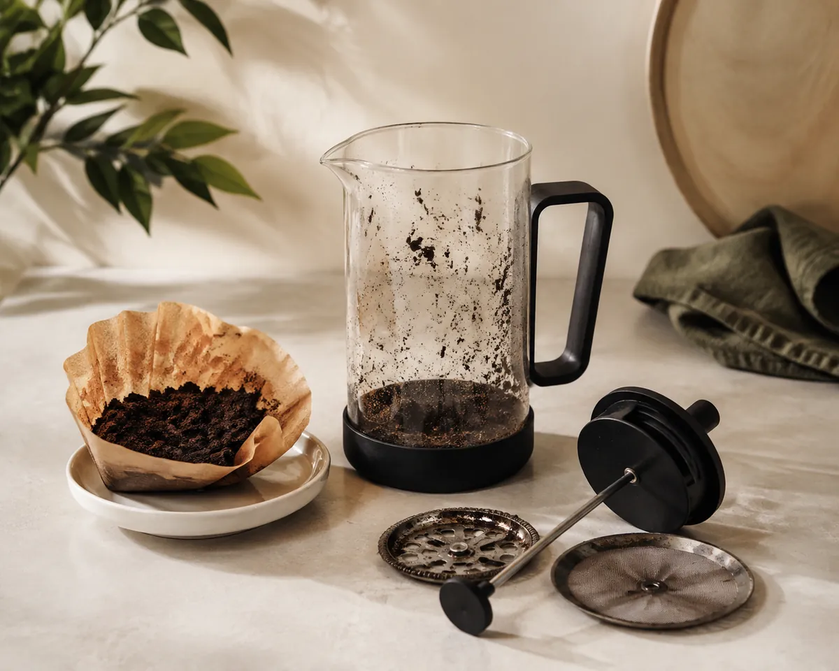 A spent paper filter cone full of wet grounds on a saucer beside an emptied French press beaker with grounds clinging inside and the plunger dismantled into its parts