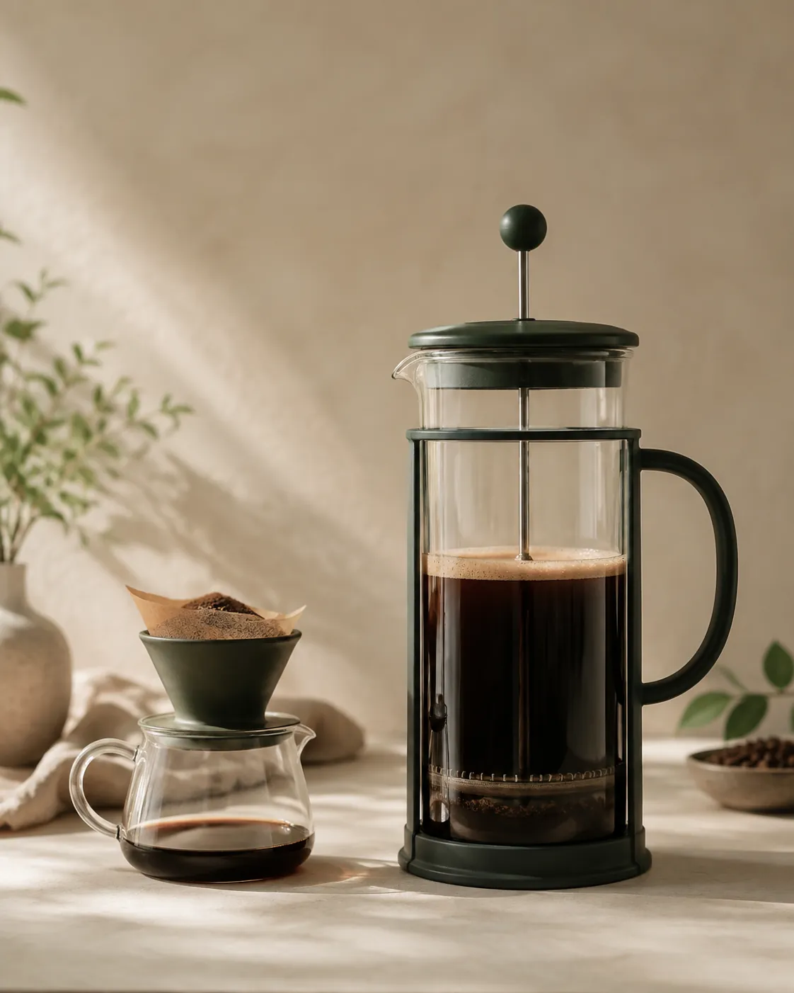 A large glass beaker press beside a single-cup pour-over cone on a carafe, the size difference obvious