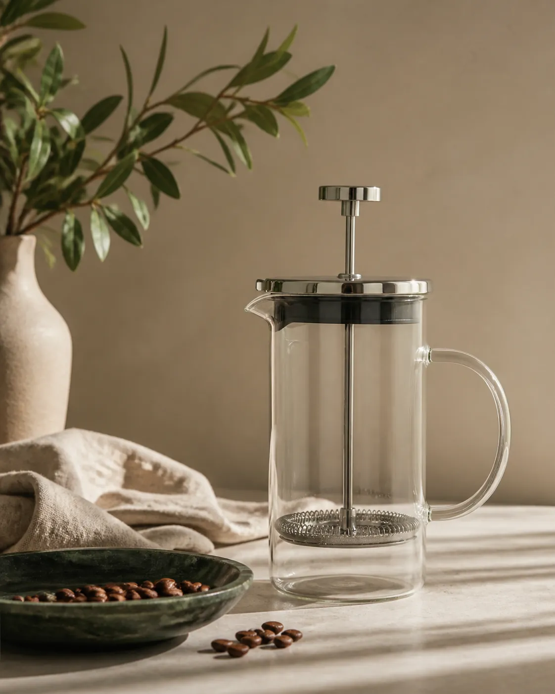 A glass French press with the plunger raised