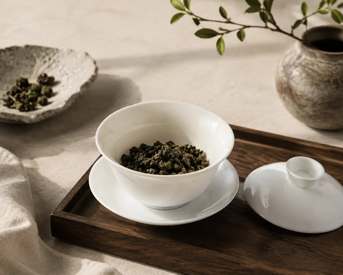 An open gaiwan holding a loose mound of dry rolled tea leaf, the lid set aside on the tray