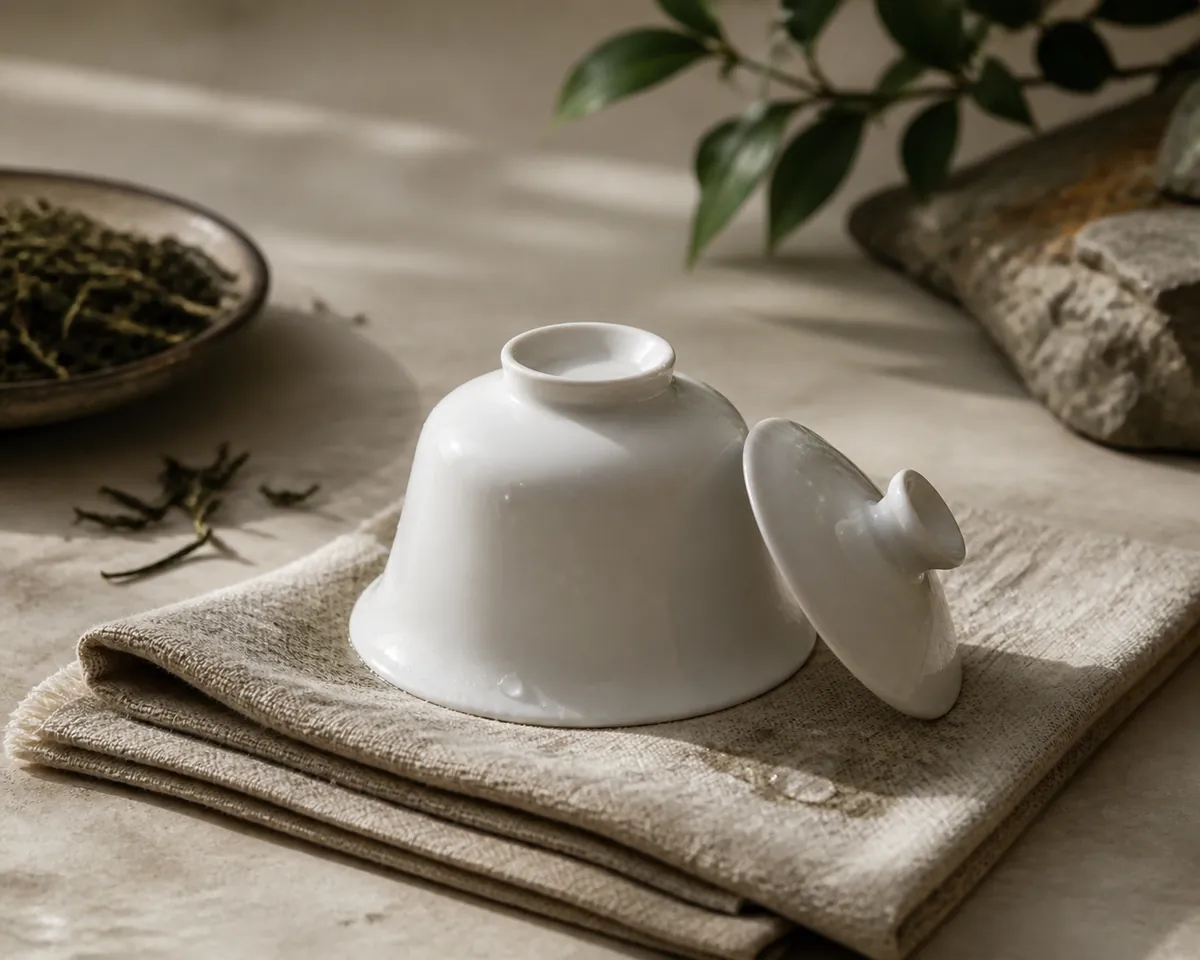 A porcelain gaiwan standing upside down on a folded cloth to drain with its lid propped beside it