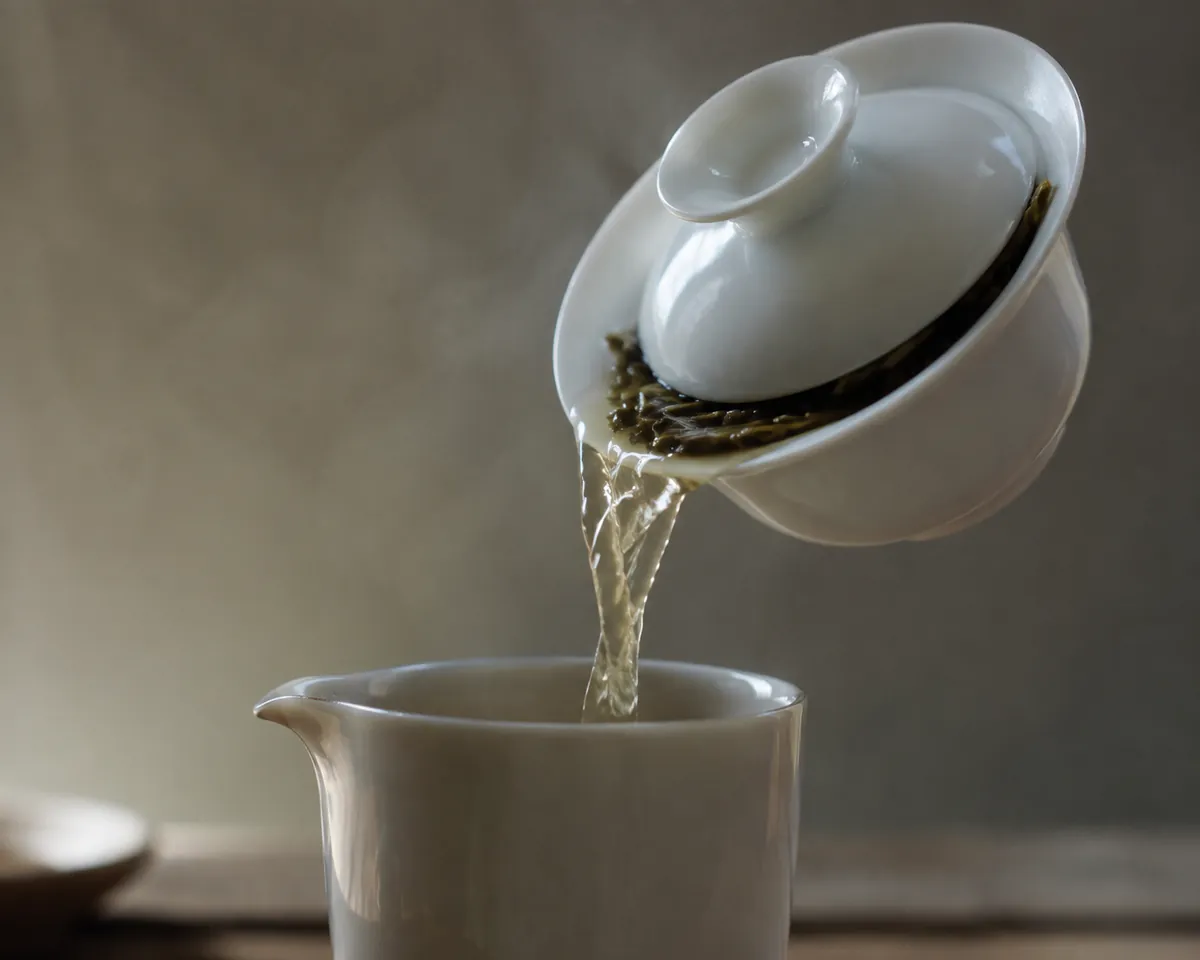 A porcelain gaiwan tilted mid-pour with its lid offset to leave a narrow gap, tea running into a small pitcher below and wet leaf held back