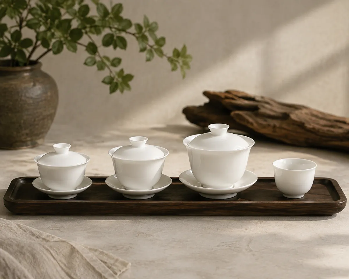 Three porcelain gaiwans of increasing size standing in a row on a wooden tray, lids in place