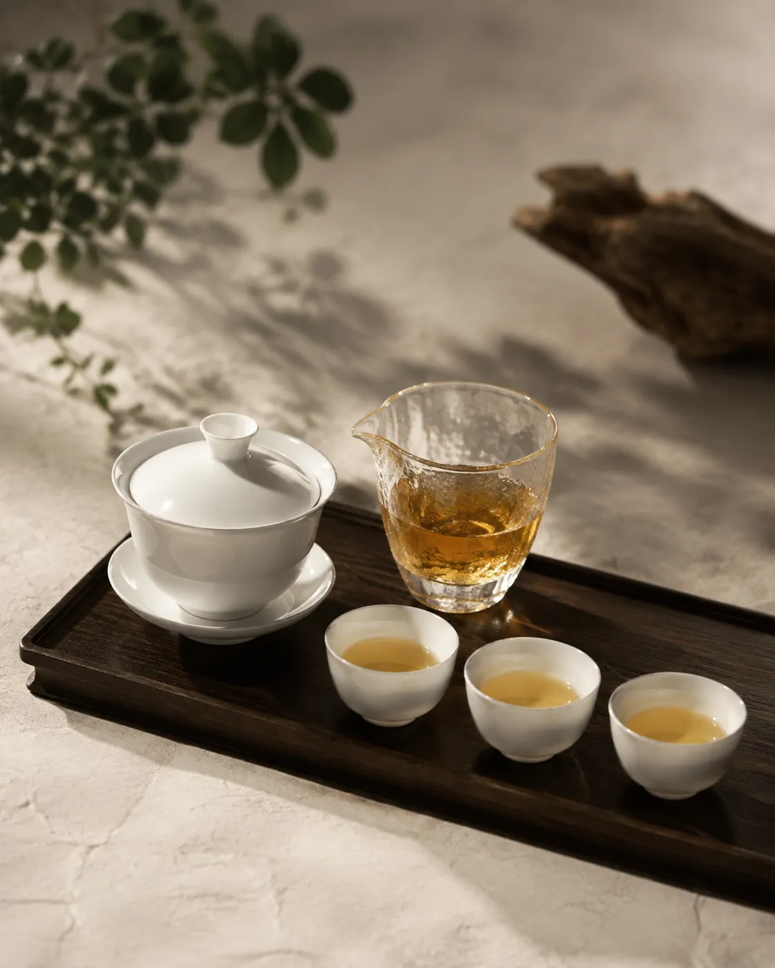 A porcelain gaiwan beside a small glass fairness pitcher and three tiny cups arranged on a wooden tray