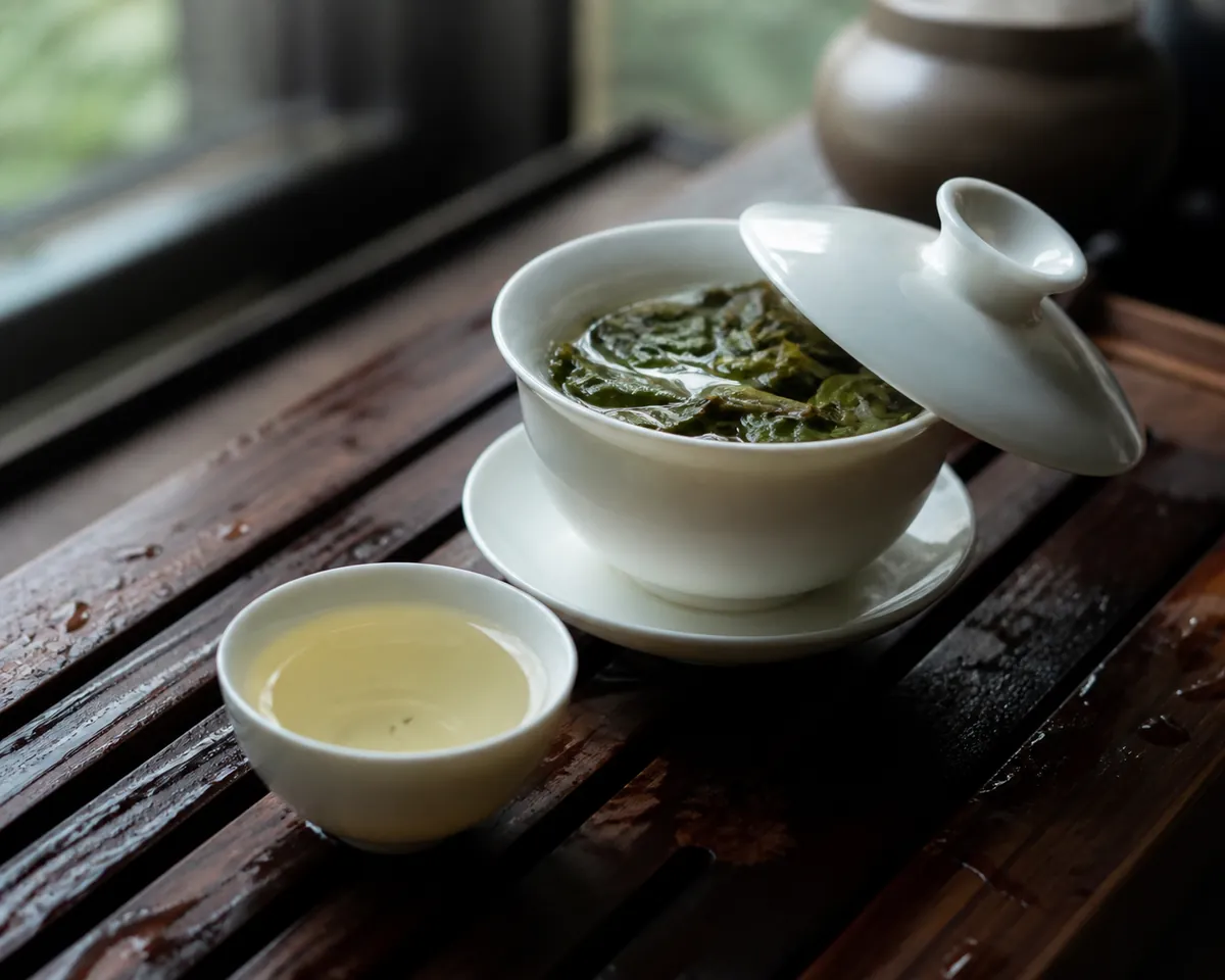 A white porcelain gaiwan with its lid tilted, showing wet tea leaves inside