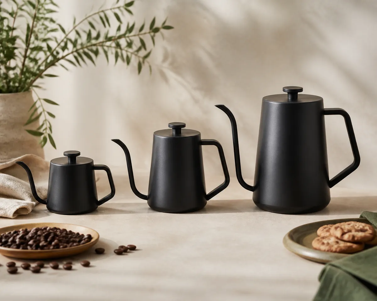 Three gooseneck kettles of clearly different capacity in a row on a counter, smallest on the left