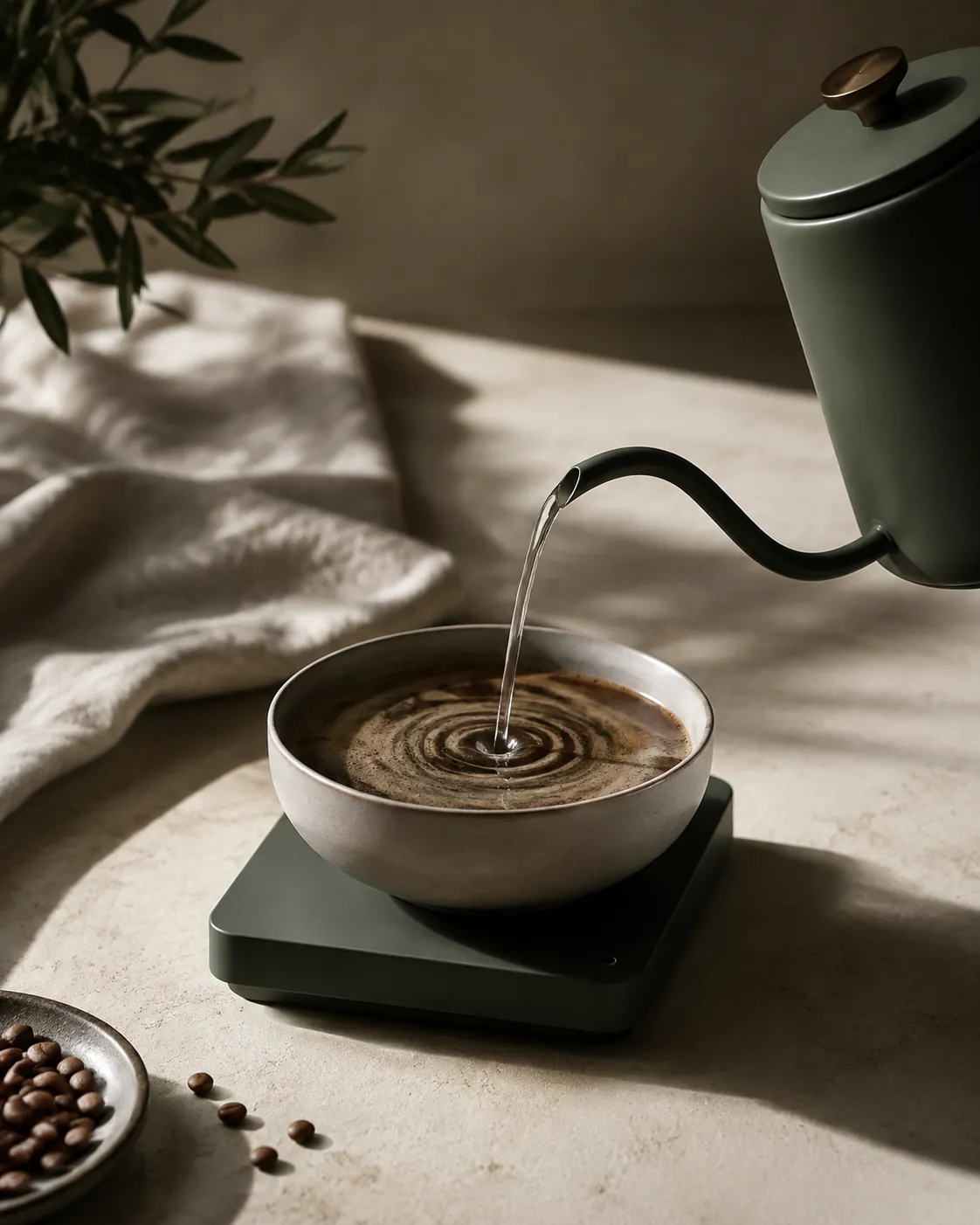 A gooseneck kettle pouring into a bowl set on a scale, water spiralling on the surface
