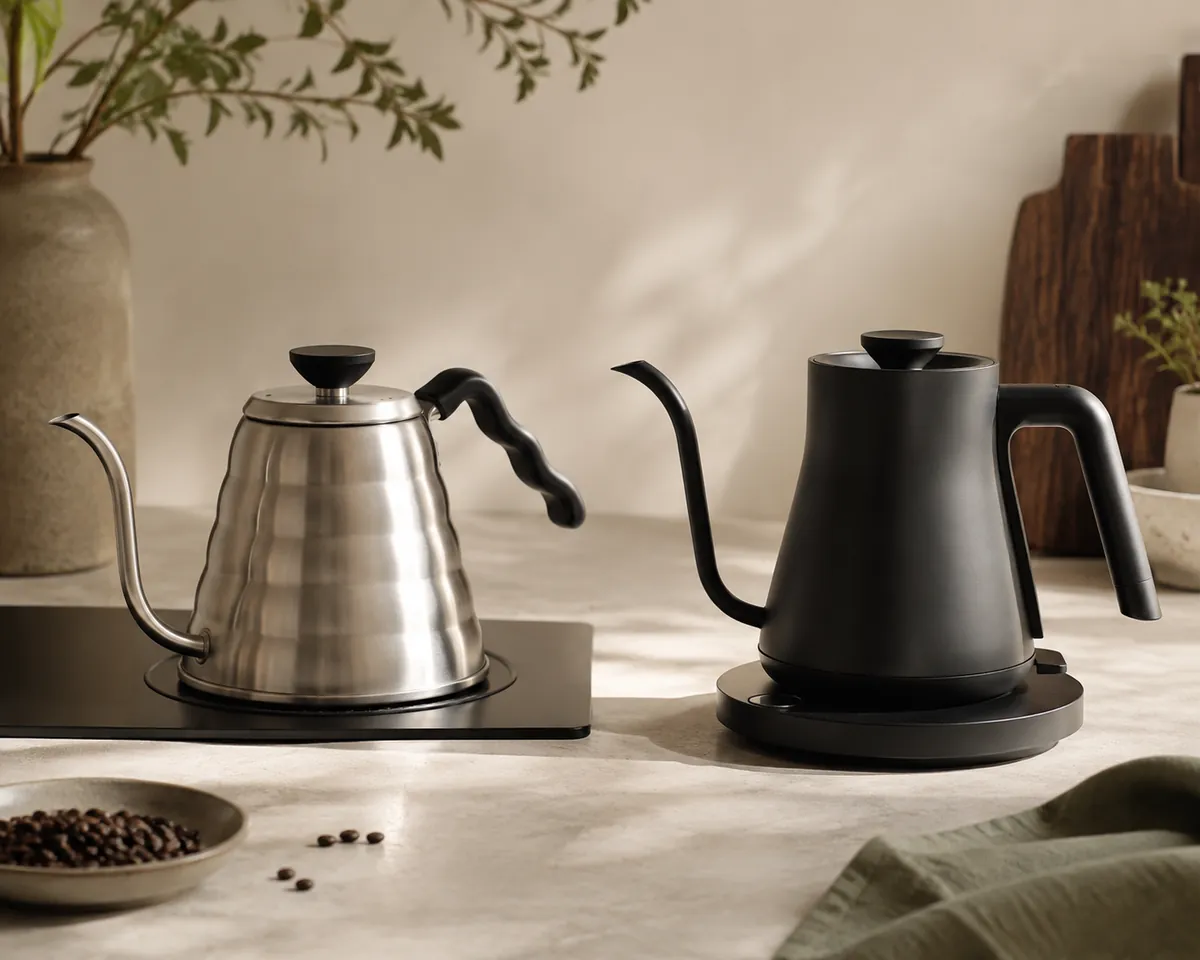 A stovetop gooseneck kettle on a hob beside an electric gooseneck kettle on its power base