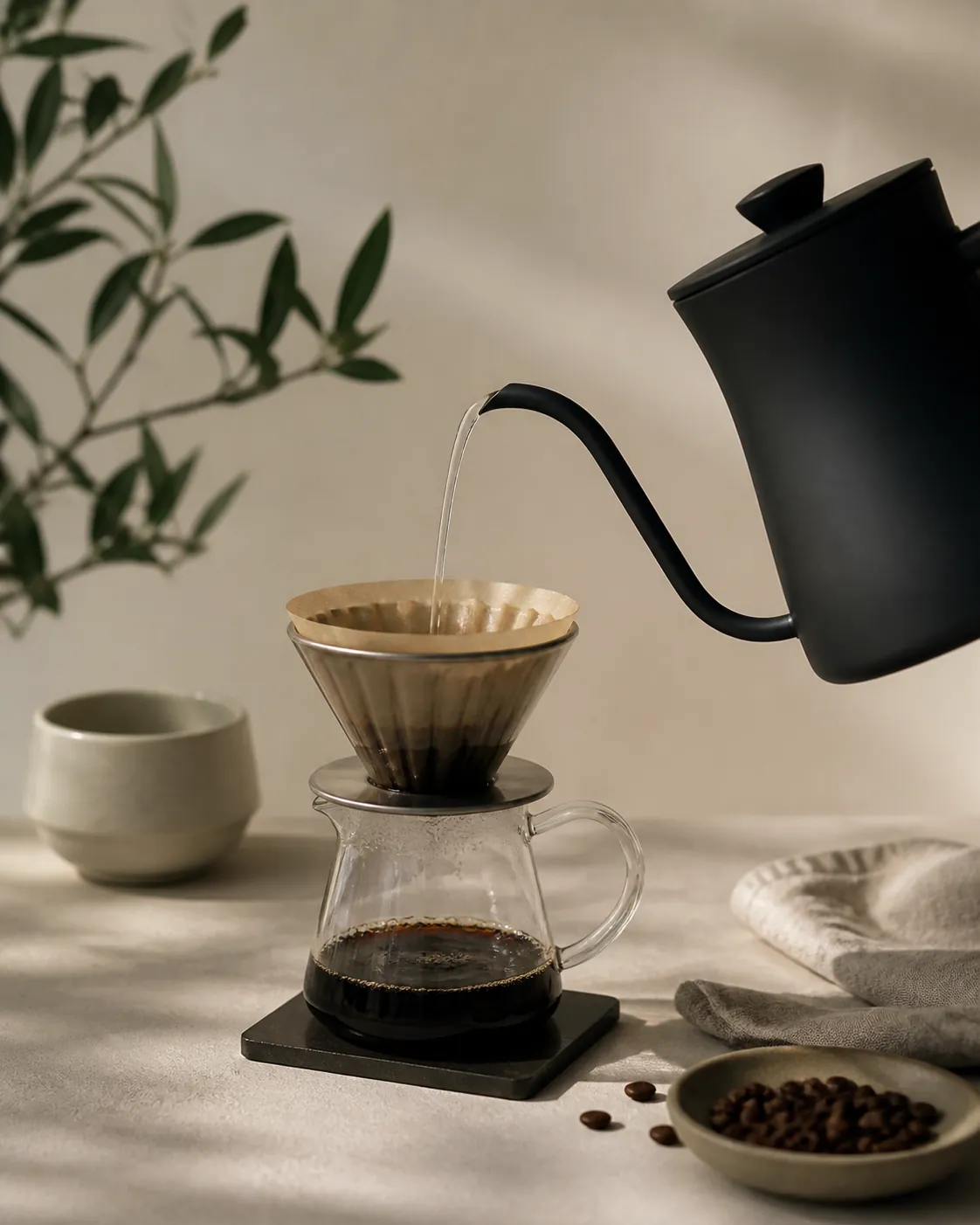 A gooseneck kettle pouring a thin stream of water