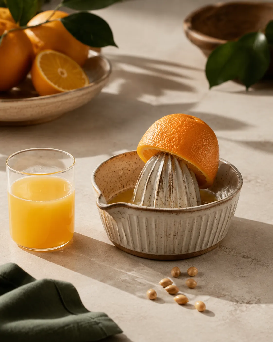 A ridged ceramic citrus reamer with a halved orange pressed on it beside a small glass of fresh juice