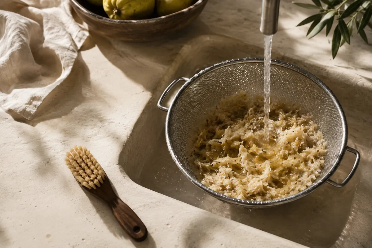 A fine mesh juicer screen packed with drying pale pulp held under running water with a stiff brush beside it