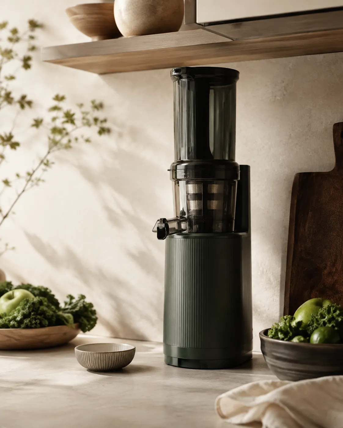 A tall juicer standing on a kitchen counter under a wall cupboard, its feed chute reaching close to the shelf above