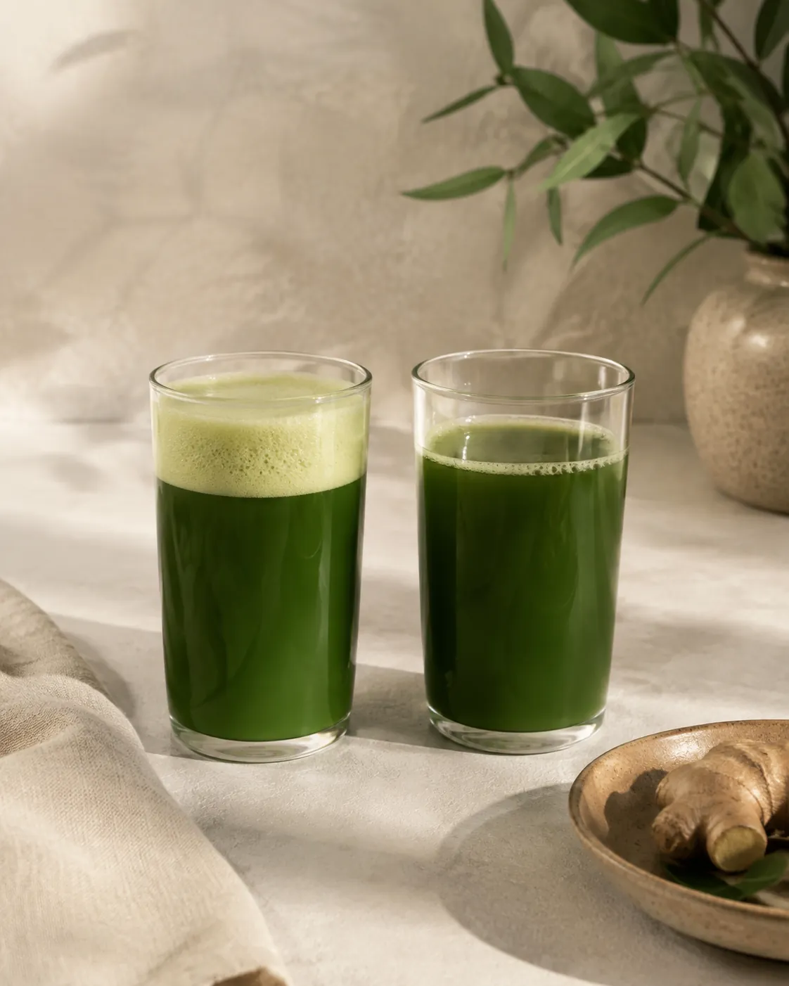 Two glasses of green juice side by side, the left under a thick pale foam layer and the right clear with a thin line of froth