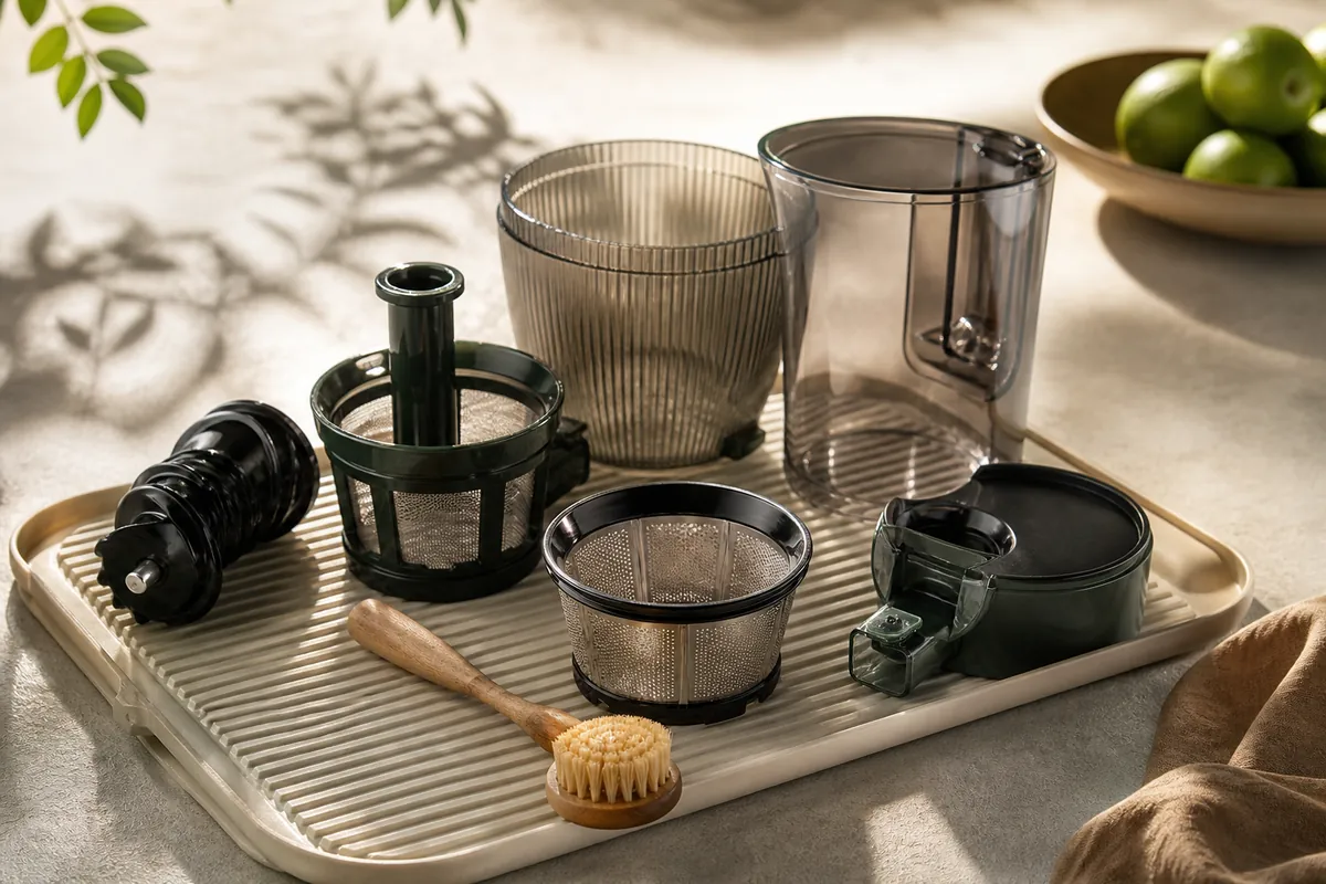 The dismantled parts of a juicer laid out on a draining board, a fine mesh screen and a stiff brush among them