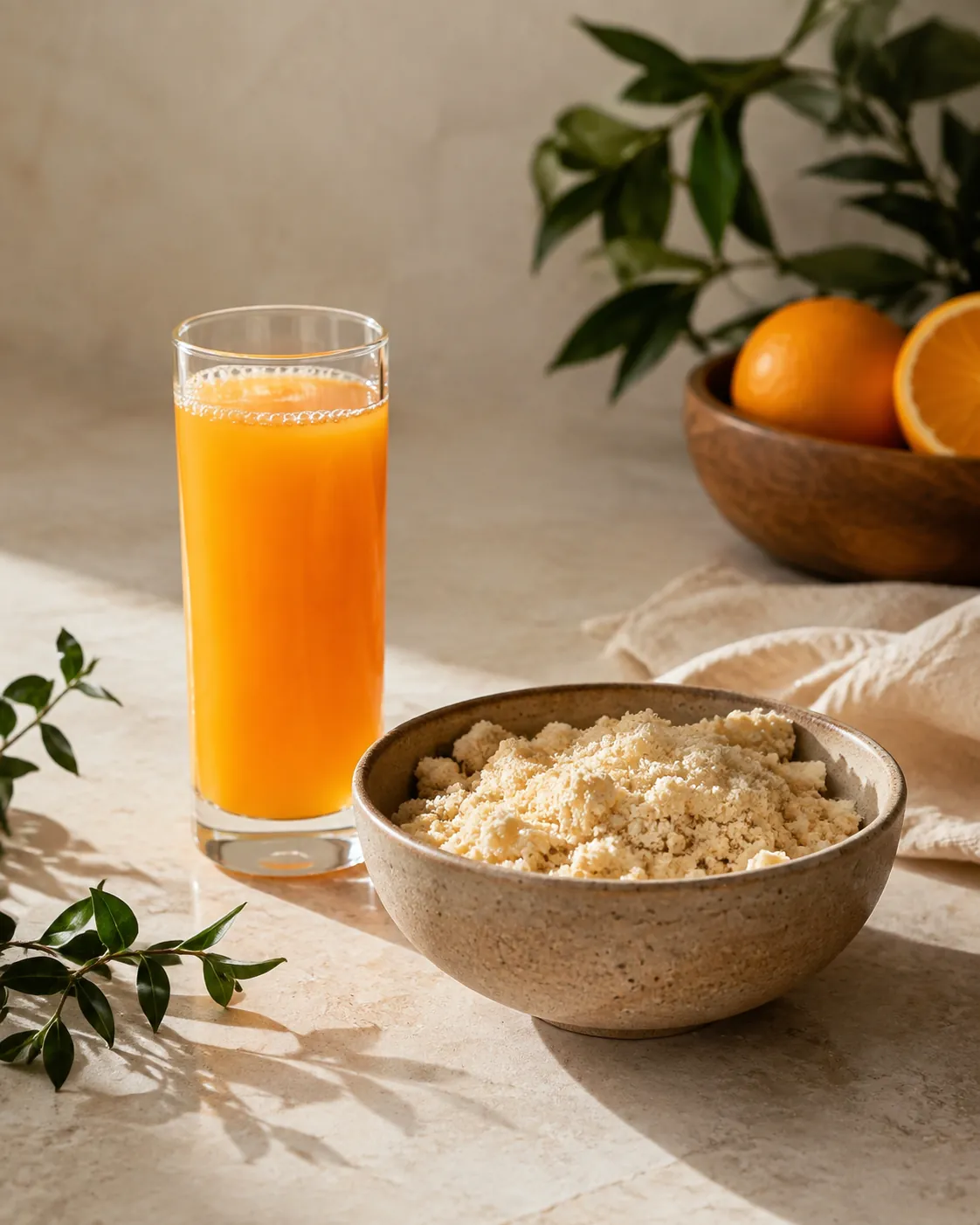 A glass of bright orange juice beside a bowl of dry pale carrot pulp on a pale stone surface