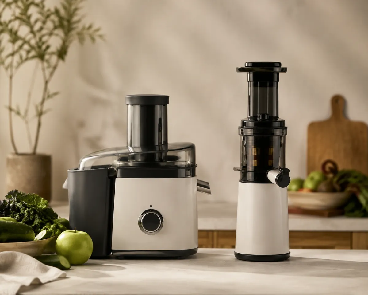 A squat wide centrifugal juicer standing beside a tall narrow masticating juicer on a kitchen counter