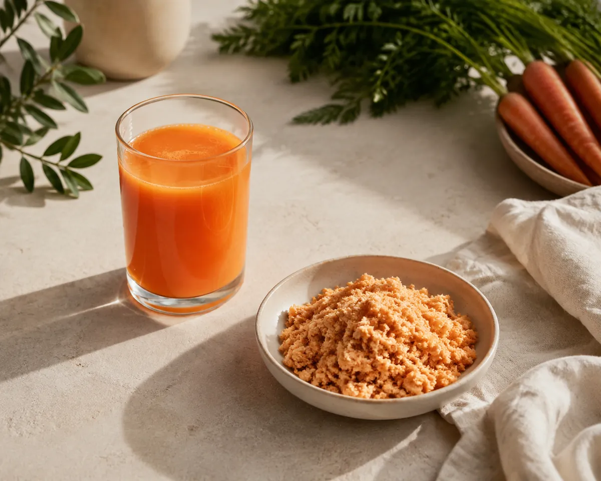 A glass of bright orange juice beside a bowl of dry pale carrot pulp on pale stone