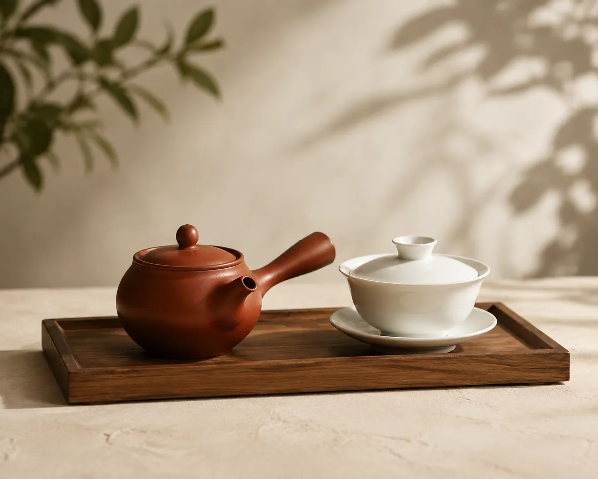 A red clay side-handled teapot standing next to a white porcelain lidded bowl and saucer on a wooden tray