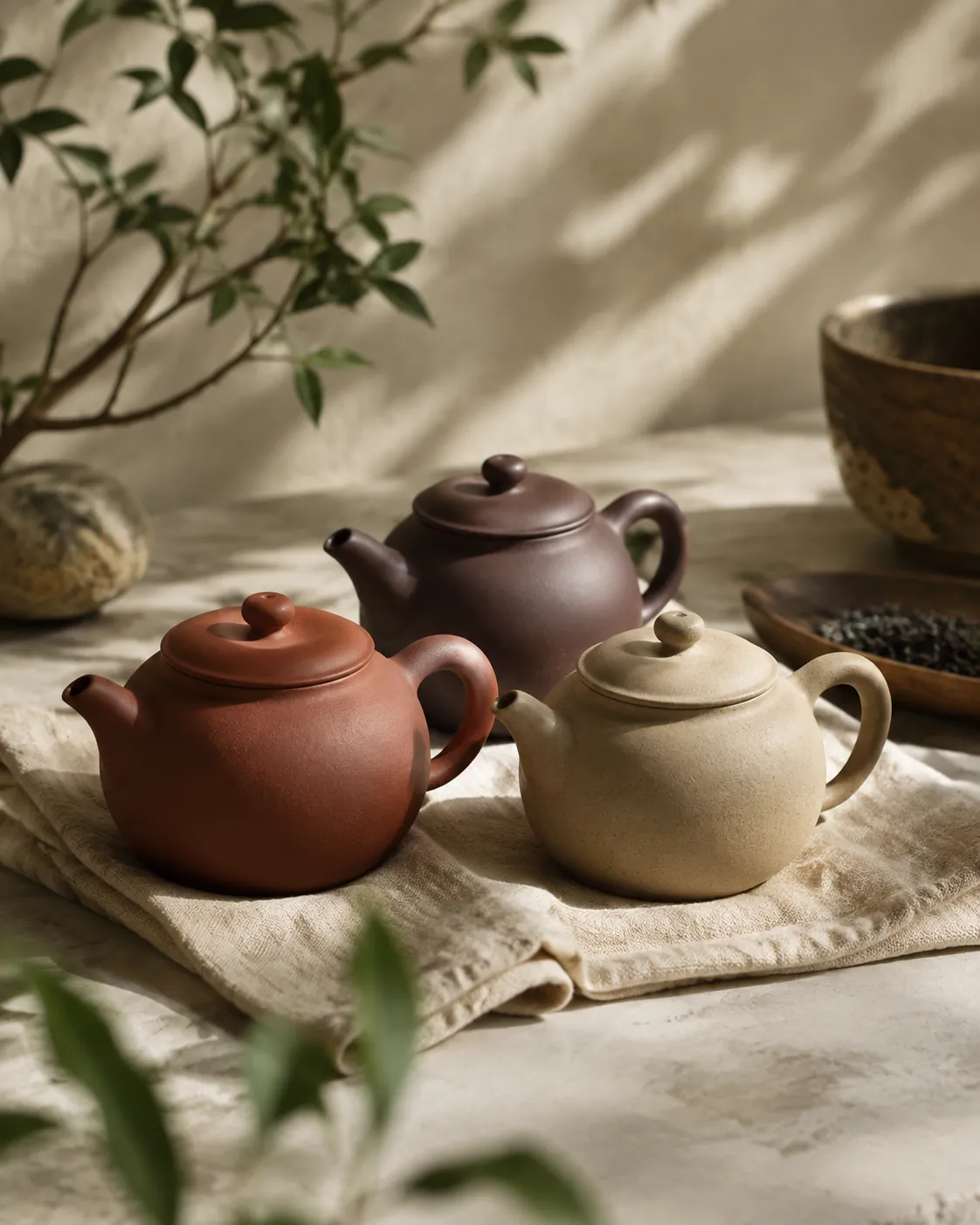 Three unglazed teapots in red, dark brown and pale sand-coloured clay grouped on a linen cloth