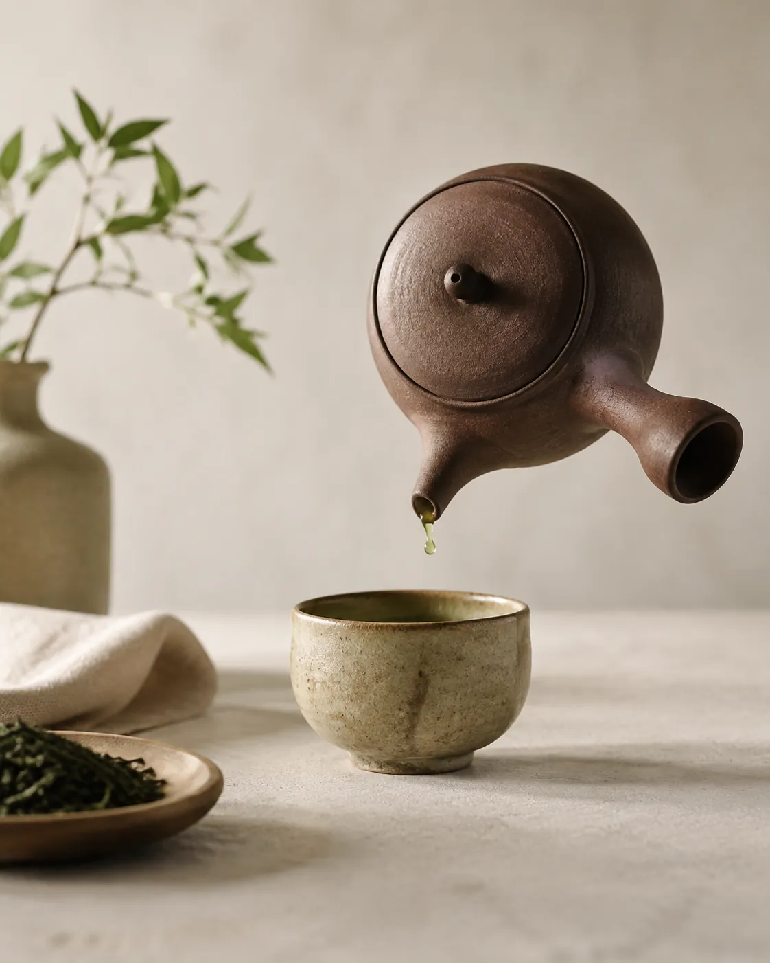 A side-handled teapot held almost vertical over a small cup with a single dark drop hanging at the tip of the spout