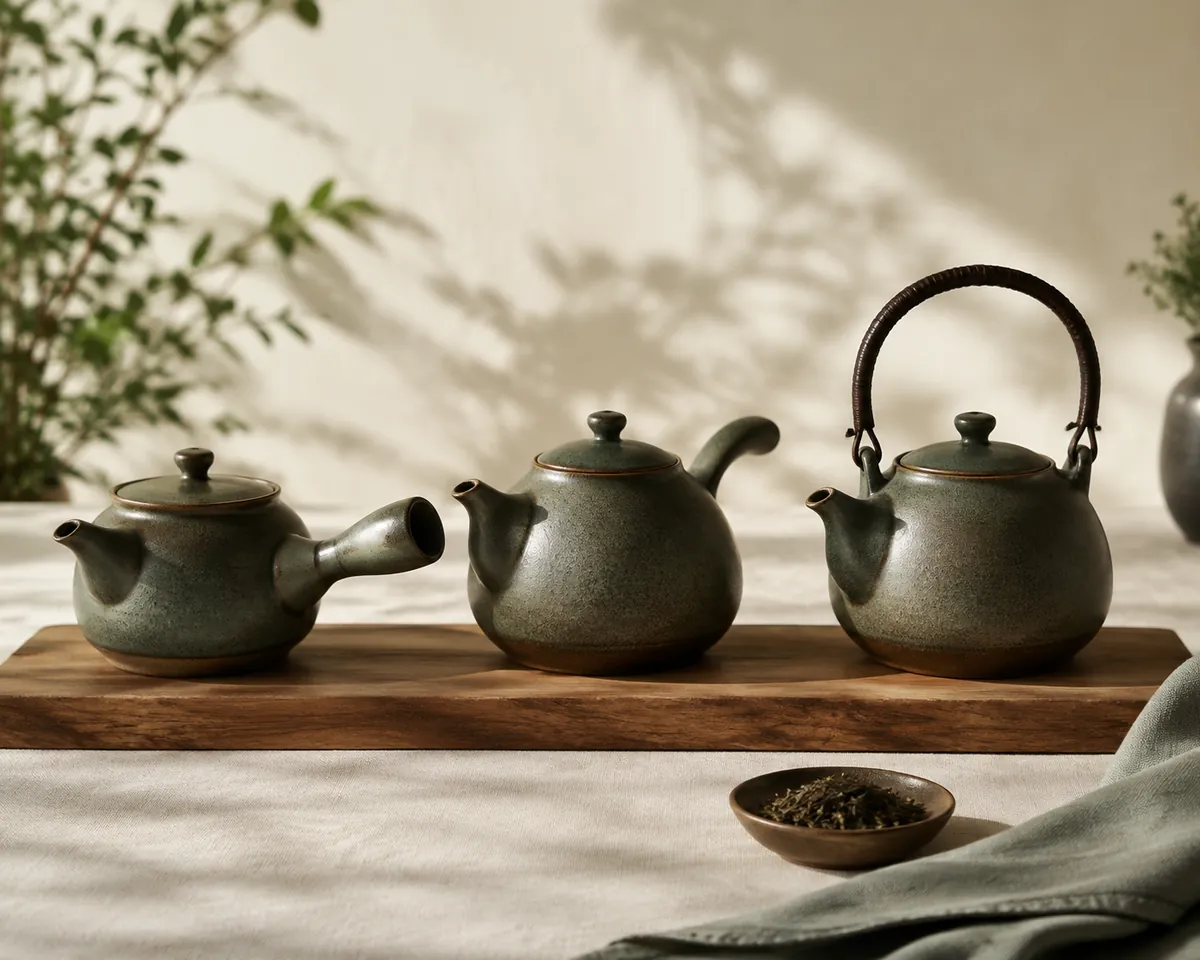 Three teapots side by side showing a side handle, a rear handle and an overhead bail handle