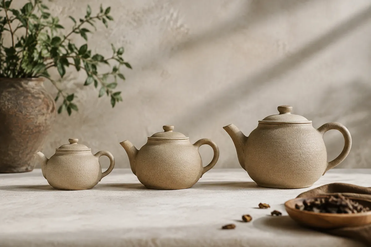 Three unglazed teapots of increasing size lined up on a pale stone surface with their lids in place
