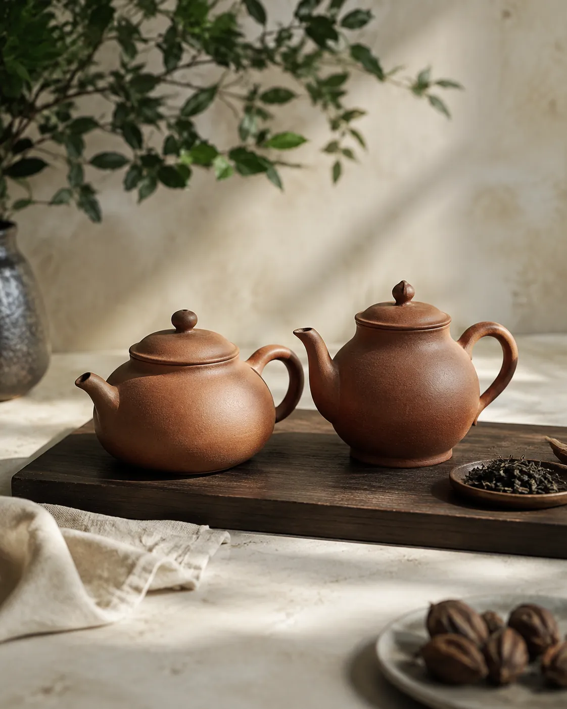 Two unglazed red clay teapots of different shapes standing together on a dark wooden board