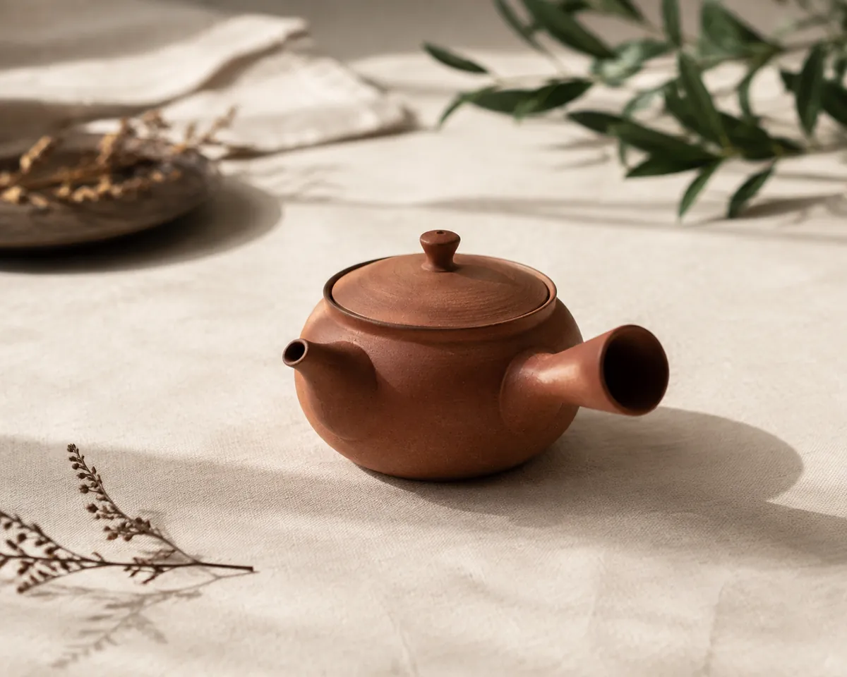 A small unglazed red clay side-handled Japanese teapot with its lid in place