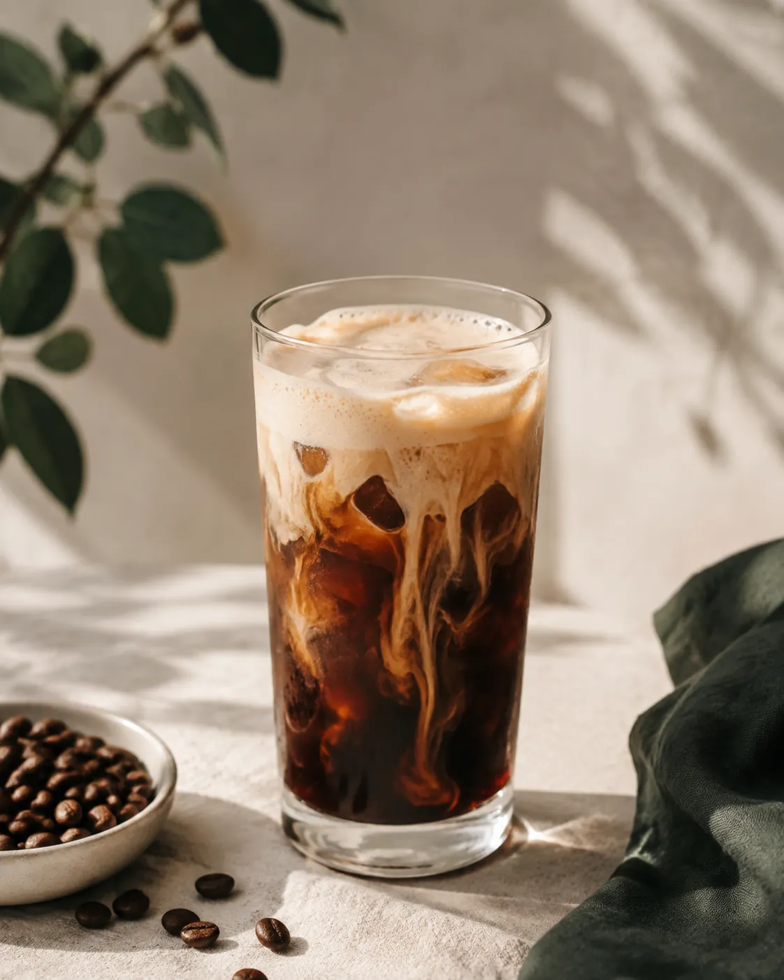 A tall glass of iced black coffee with a pale foam layer floating on top and sinking through it in soft streaks