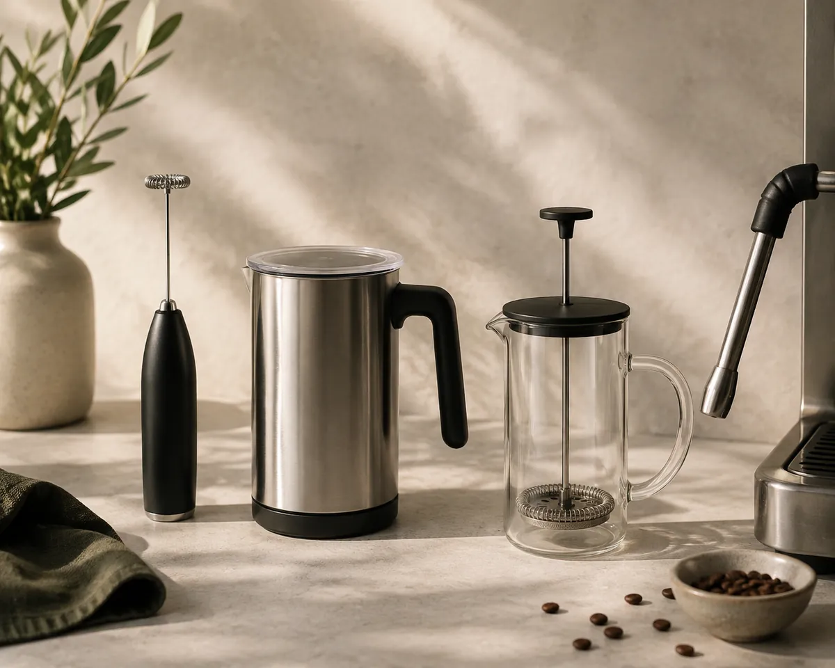 Four unbranded milk frothing devices laid out in a row: a slim handheld whisk, a stainless jug frother, a glass pump frother and a steam wand