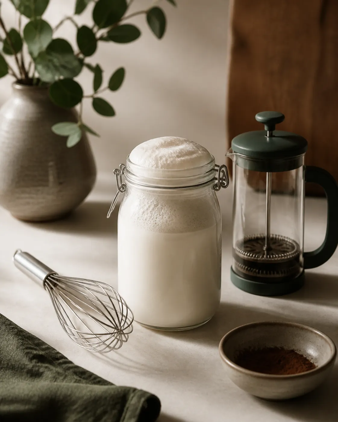 A sealed jar of milk with a thick foam head beside a balloon whisk and a French press