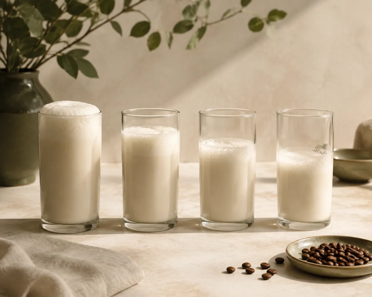 Four glasses of frothed milk in a row with foam layers of clearly different heights, the fourth already collapsing into the liquid