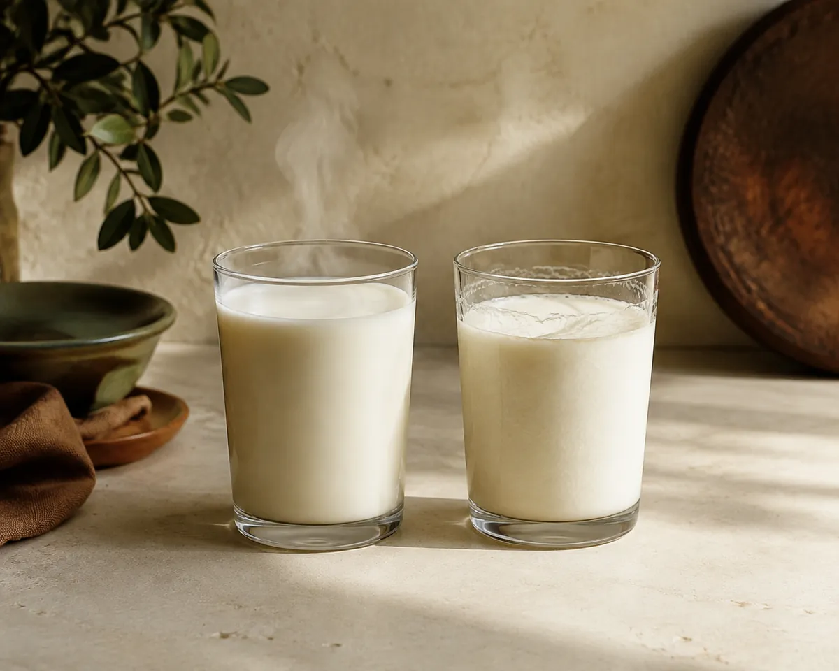 Two glasses of warm milk side by side, the left smooth and glossy, the right with a wrinkled skin across the surface
