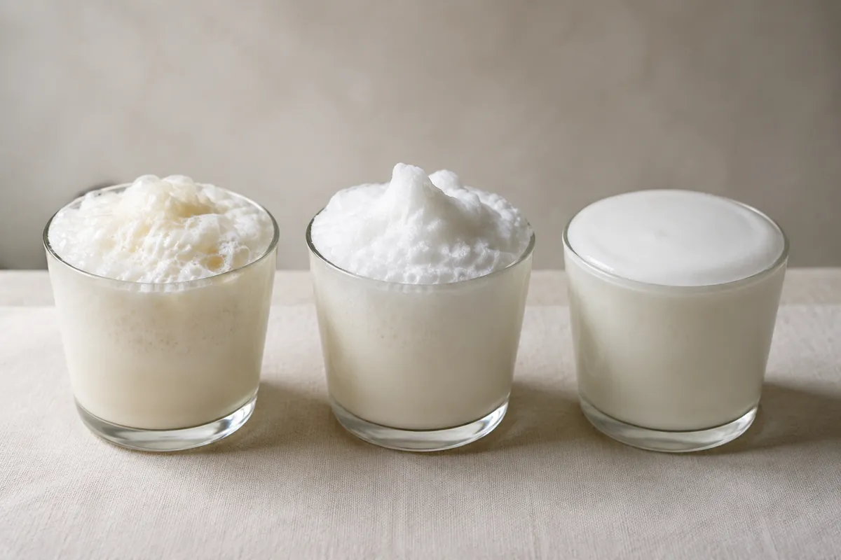 Three glasses of frothed milk in a row, the left with large loose bubbles, the middle a stiff dry white cap and the right a smooth glossy microfoam