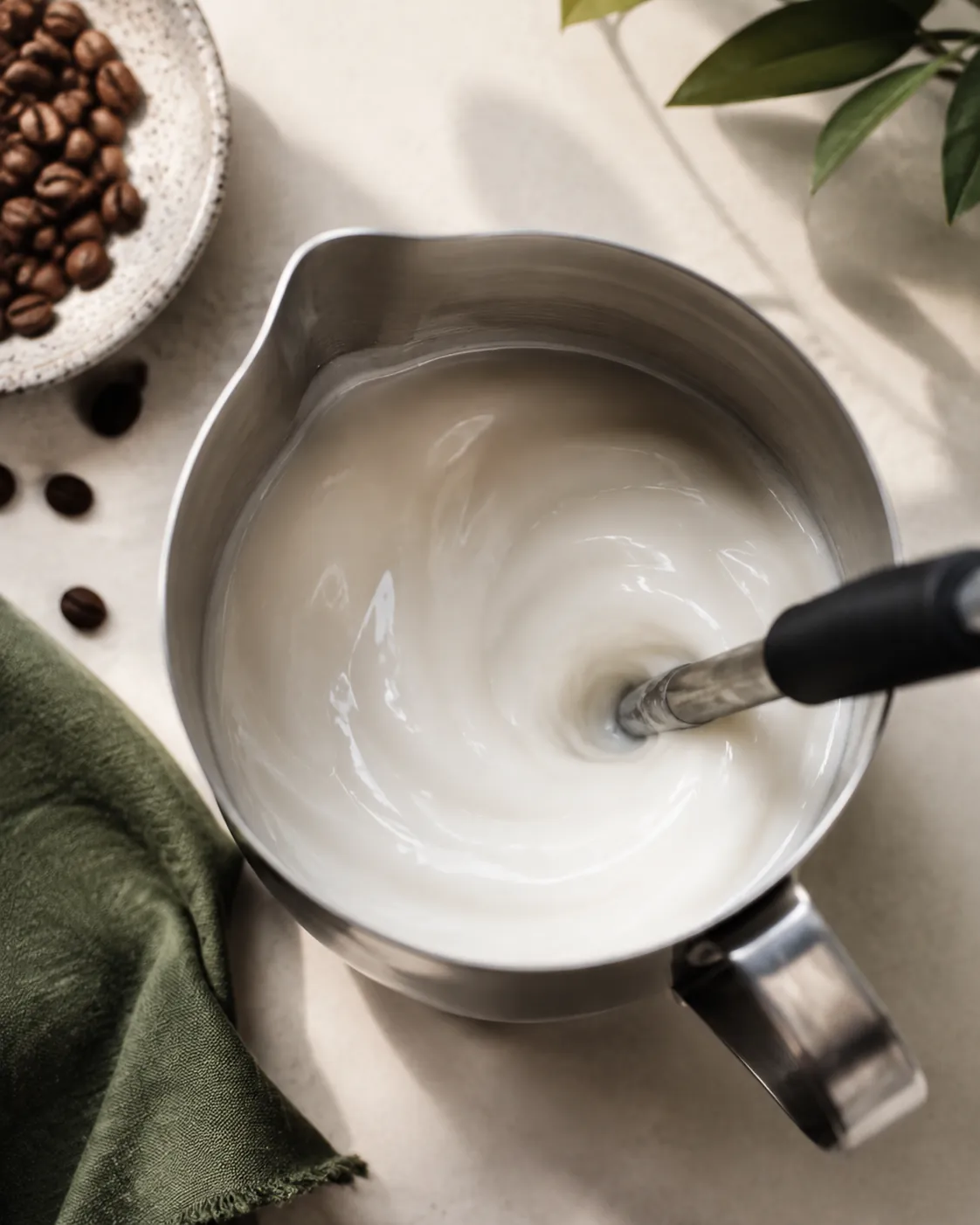 Looking into a steel milk jug with the steam wand tip just under the surface, the milk turning in a spiral and the top going glossy