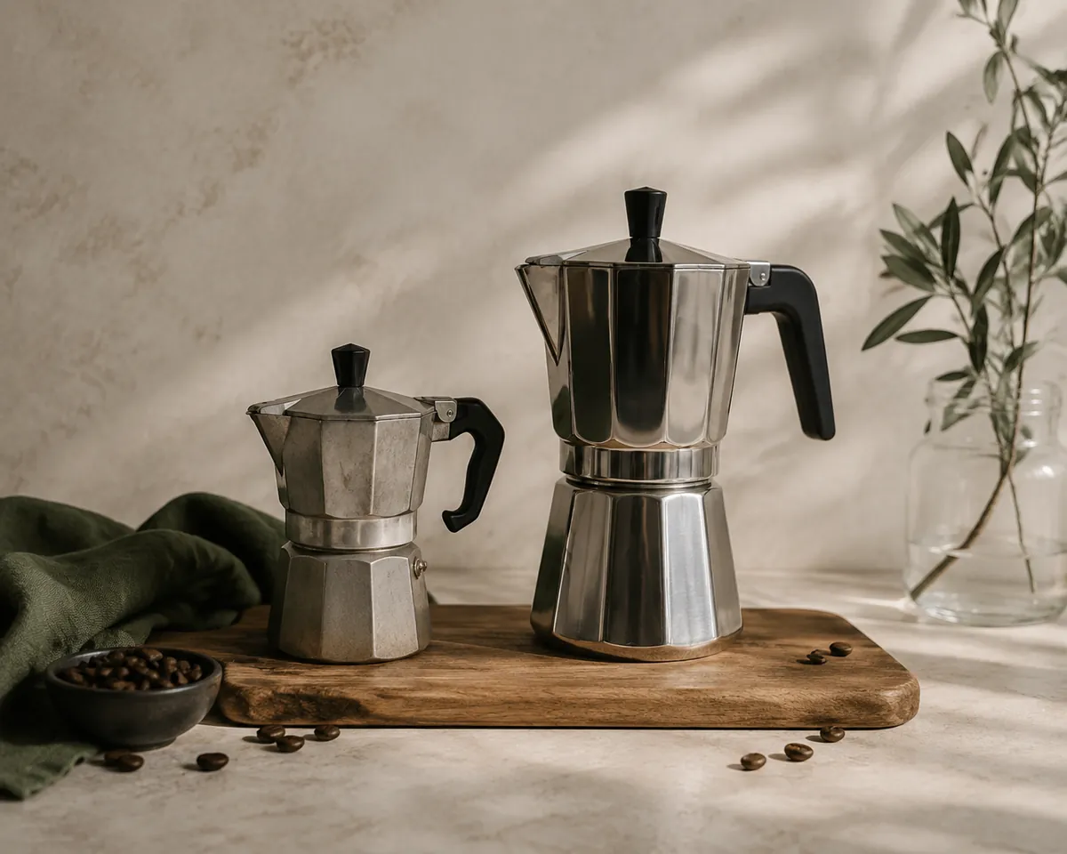 A small dull aluminium moka pot standing beside a larger polished stainless steel one on a wooden board