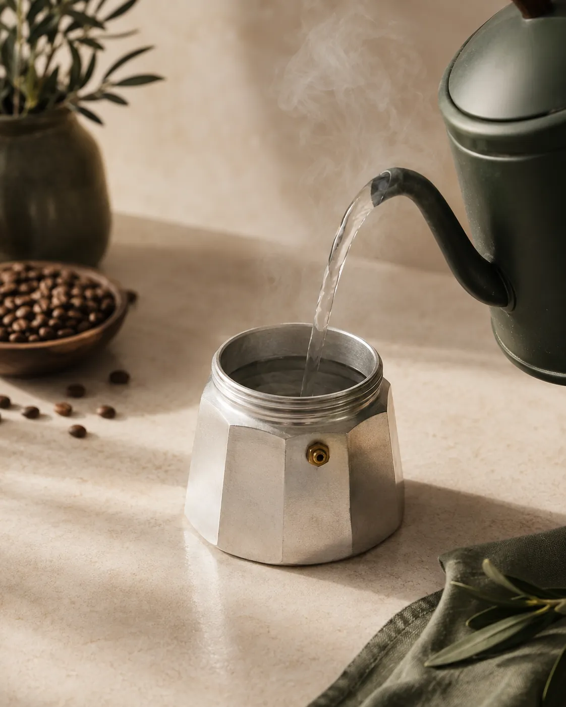 Hot water pouring from a kettle into the open base of a moka pot, the level just below the small brass safety valve