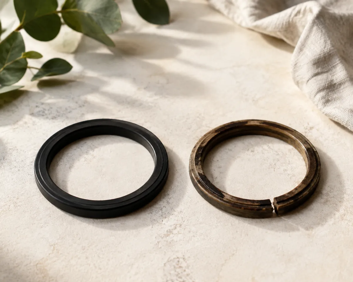 Two rubber moka pot gaskets side by side, the left soft and black and the right hardened, cracked and stained brown