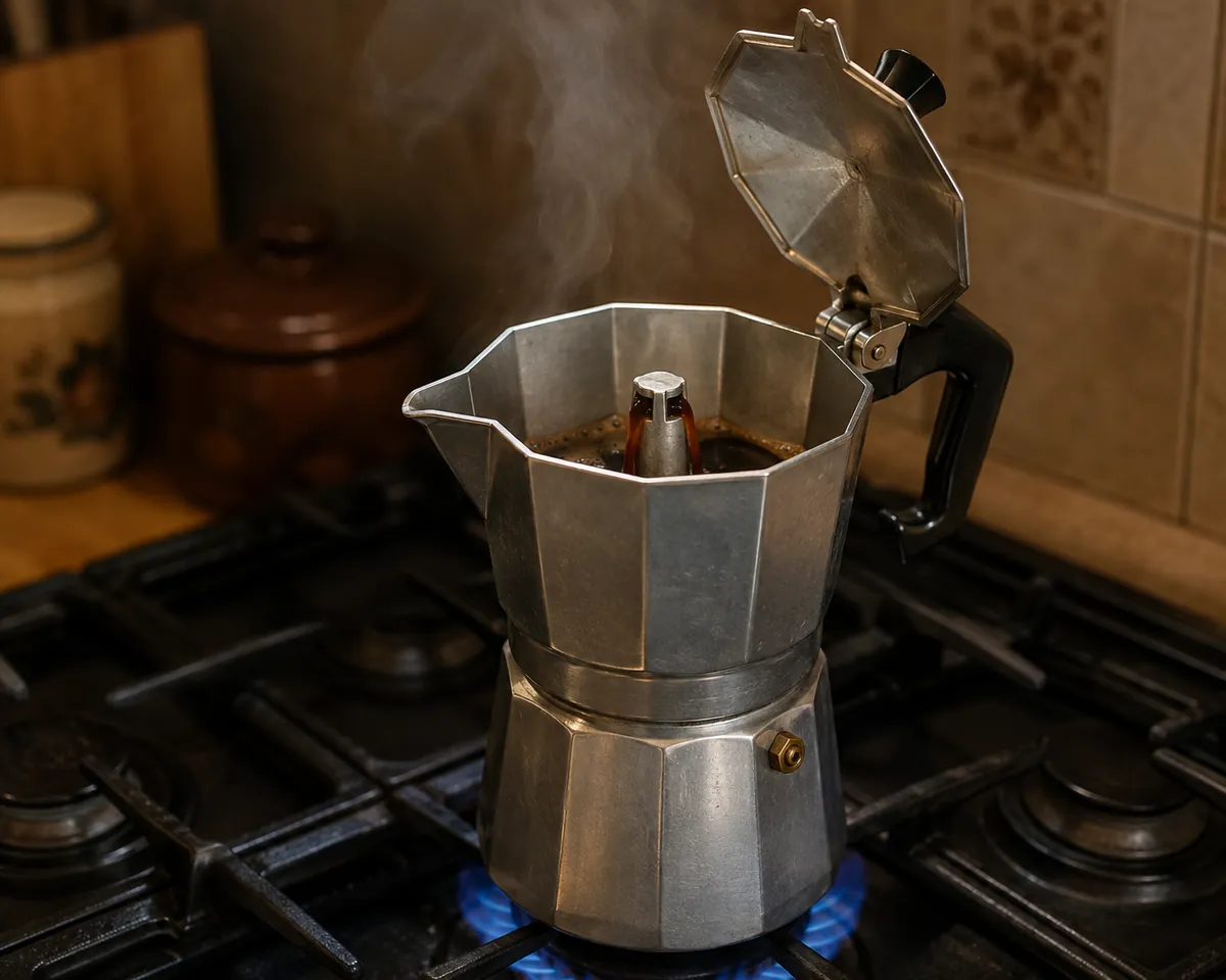 An aluminium moka pot on a gas hob with coffee just beginning to emerge into the top chamber