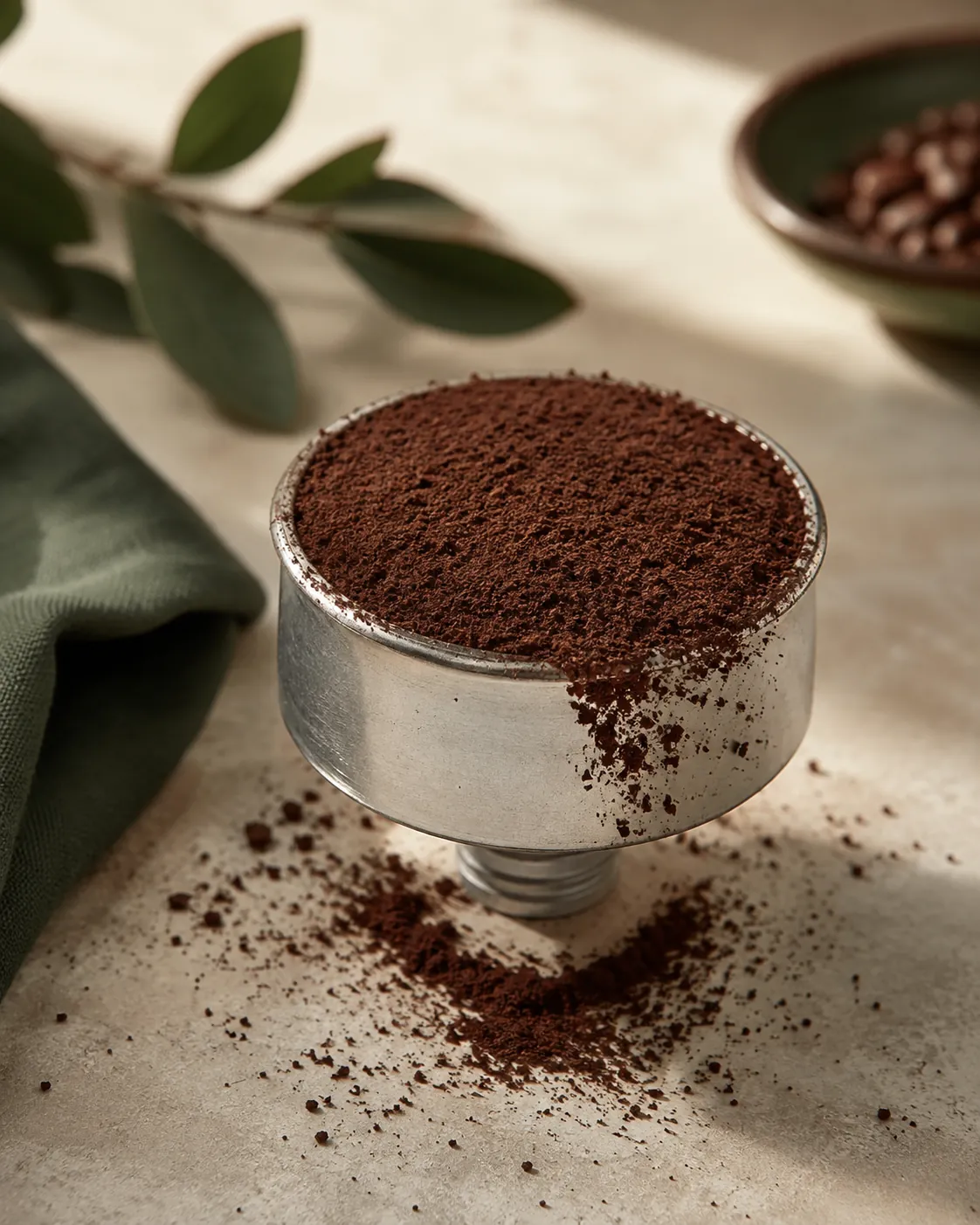 A moka pot basket overfilled and tamped, grounds spilling over the rim